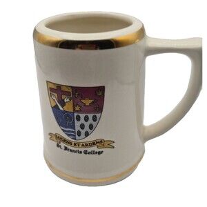St Francis College Brooklyn NY Mug Beer Stein ivory w/coat of arms and gold rim